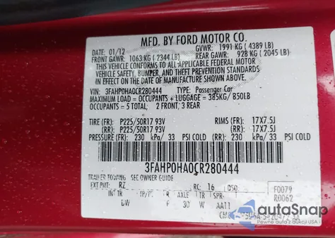 2012 Ford Fusion Se from USA, damaged, VIN 3FAHP0HA0CR280444